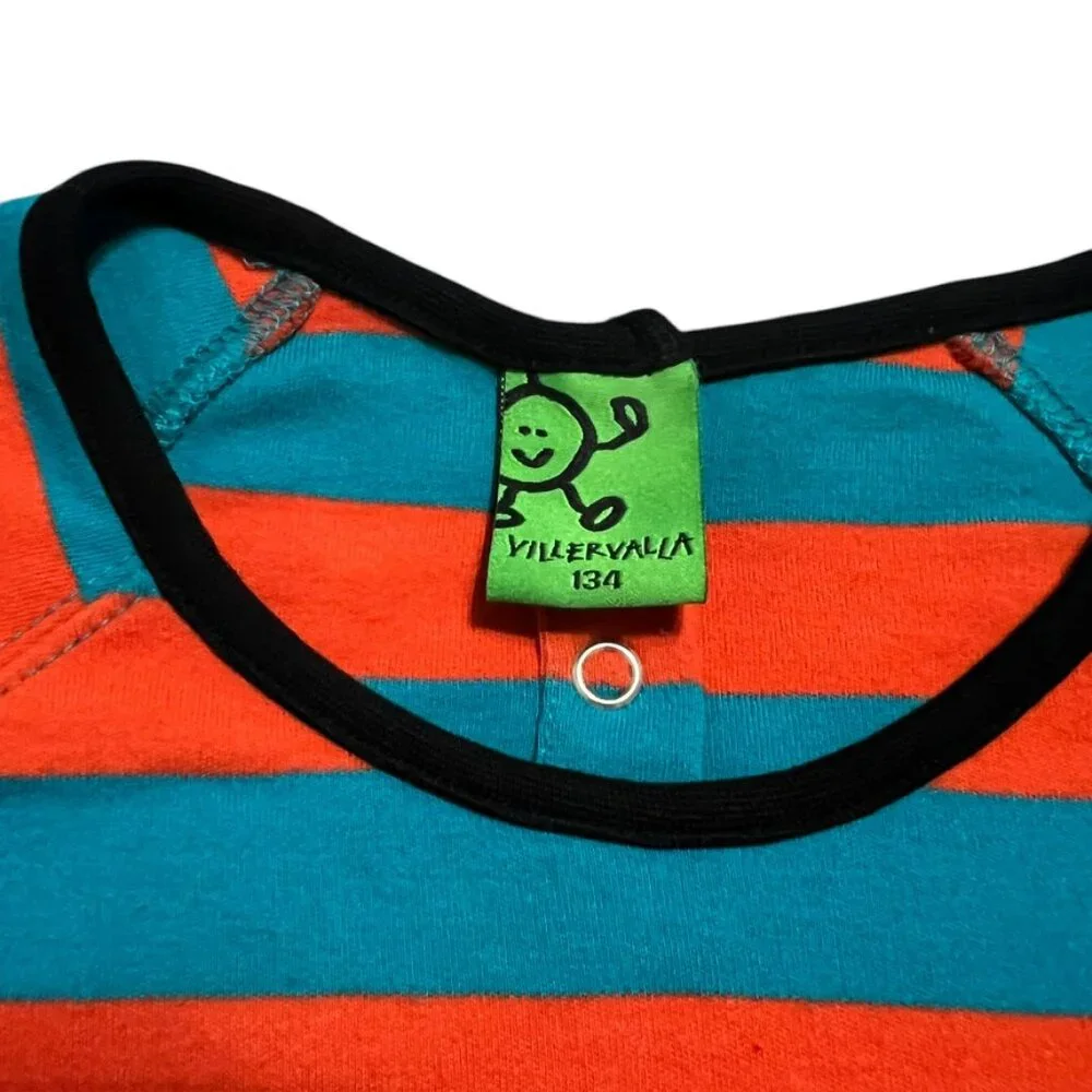 Villervalla Sz 134 (9Y) Organic Orange & Blue Striped Star Appliqué Dress